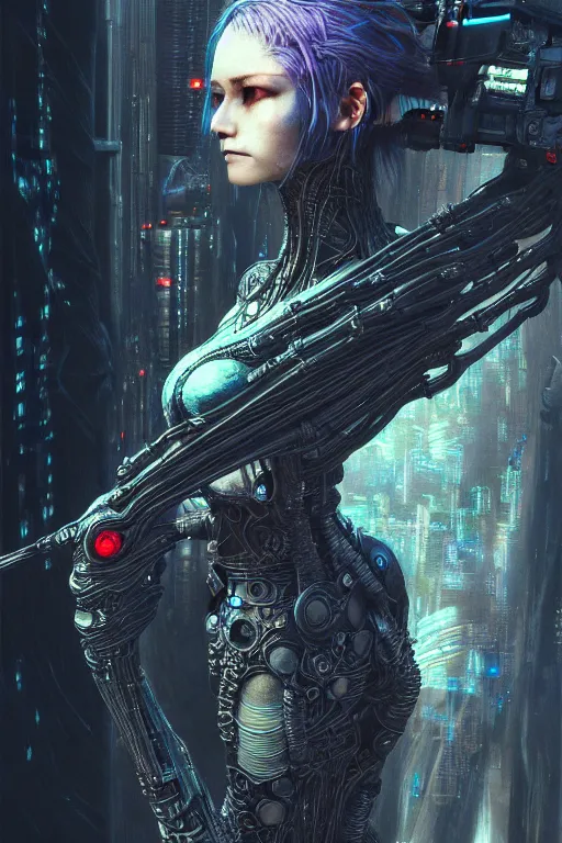 Image similar to a highly detailed long shot photo of cyberpunk female character by ayami kojima, elf, beksinski, giger, elf, gun, intricate, digital painting, artstation, concept art, smooth, sharp focus, full body