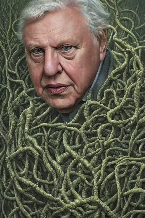 Image similar to intricate stunning highly detailed portrait of sir david attenborough, 🌱, by agostino arrivabene and vladimir kush, surreal, digital painting, ultra realistic, dramatic lighting, twisted vines, lush plants, pristine water, artstation