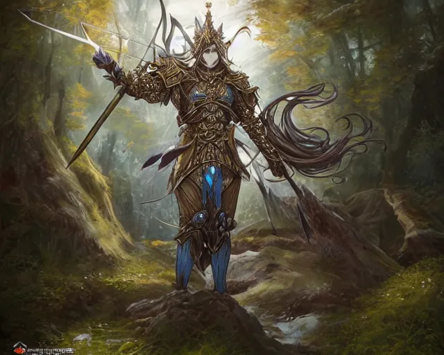 Image similar to an anime landscape of a knightly merfolk from magic the gathering wearing a ornate detailed armor garments and an atlantean crown, in a mystical forest from skyrim, by stanley artgerm lau, wlop, rossdraws, james jean, andrei riabovitchev, marc simonetti, and sakimichan, trending on artstation