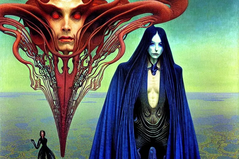 Image similar to realistic extremely detailed portrait painting of an elegantly creepy vampire man in cape, futuristic sci-fi landscape on background by Jean Delville, Amano, Yves Tanguy, Alphonse Mucha, Ernst Haeckel, Edward Robert Hughes, Roger Dean, rich moody colours, blue eyes