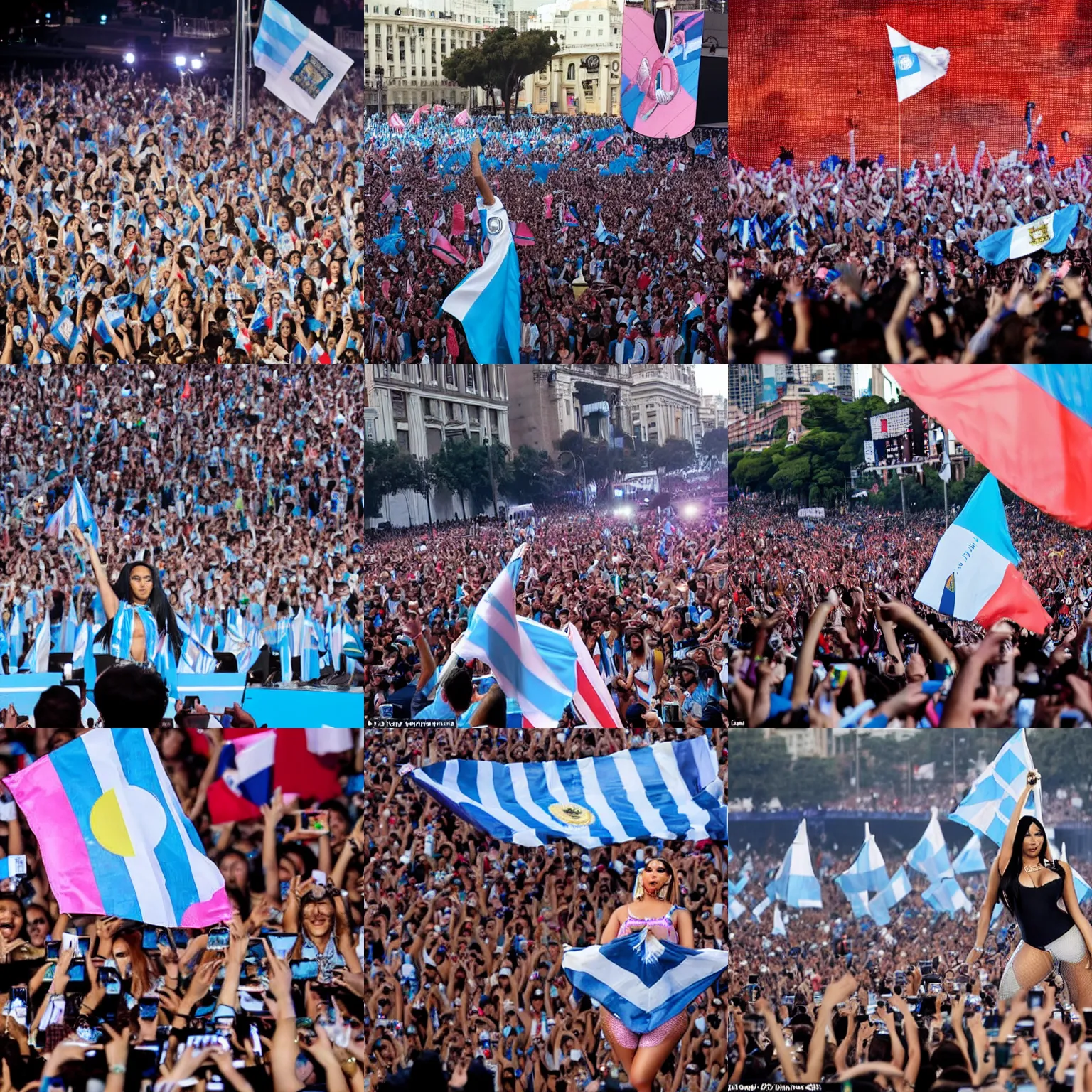 Prompt: Argentina presidential rally Nicki Minaj forefront and a blurred Argentine flag waving behind her