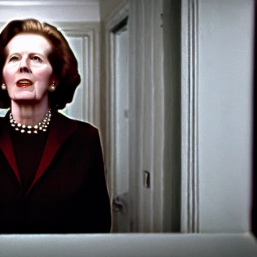 Image similar to A movie still of Margaret Thatcher in The Shining