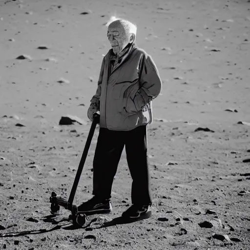 Image similar to an elderly man on the surface of the moon, 🌕, zimmer frame, canon eos r 3, f / 1. 4, iso 2 0 0, 1 / 1 6 0 s, 8 k, raw, unedited, symmetrical balance, wide angle