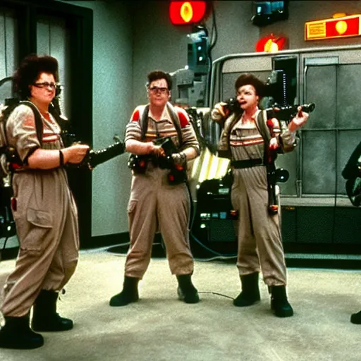 Prompt: Ghostbusters shooting proton packs at a giant rat, film still, 1988, 35mm, detailed, 4k