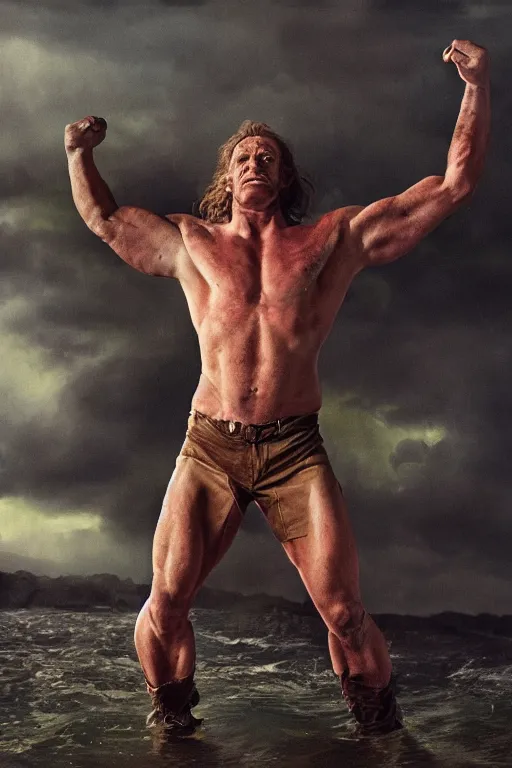 Image similar to yan mcgregor dressed like the hulk, 8 k, hdr, great light, gustave courbet, annie leibowitz