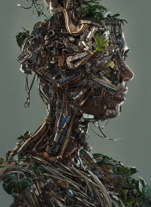 Image similar to hyper - detailed fine painting of a humanoid cyborg half cybernetic and half made of plants and wood, concept art magical highlight