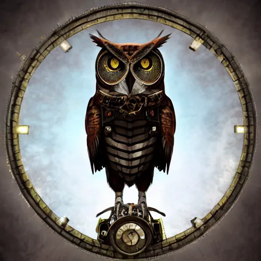 Image similar to a Warrior owl art nuveau, steampunk, symmetry, full frame, cinematic light , unreal engine,