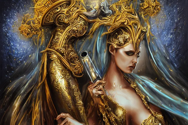 Prompt: angry beautiful Goddess of life with a veil, dark Goddess of artificial intelligence creating an artificial neural network with gold synapses on an anvil with her hammer, high resolution, award winning art, trending on art station, sharp image, incredibly detailed, detailed character, realistic painting, hyper-realistic painting, coherent painting, ethereal halls of valhalla in the background, master piece by Mpemba Tzulu