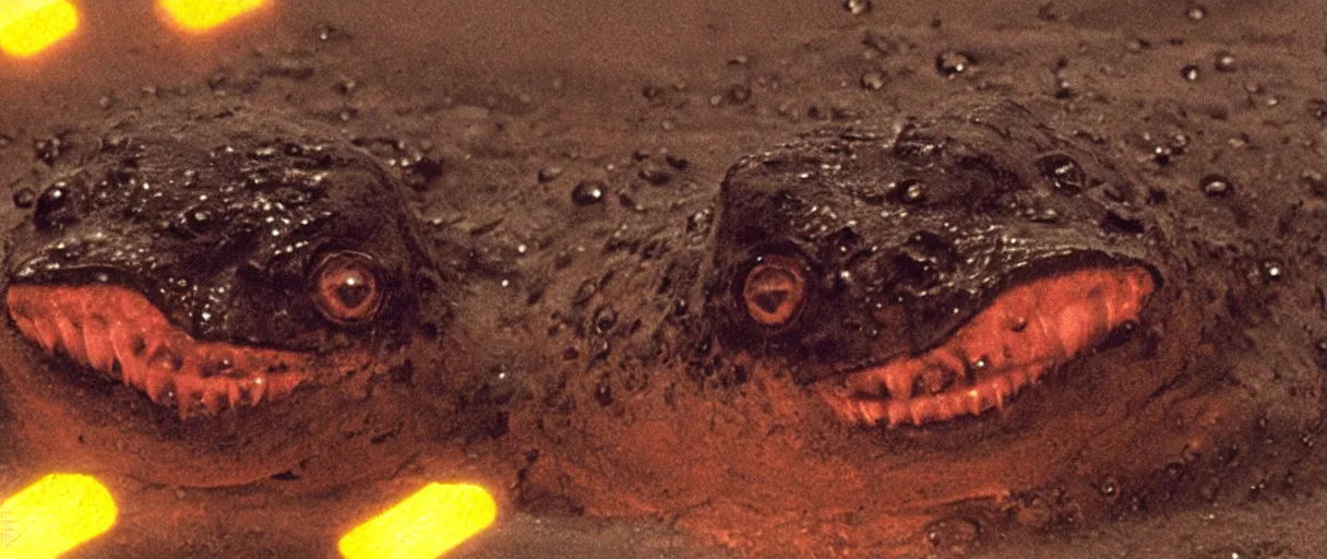 Image similar to Close up of a happy Lepidobatrachus laevis facing the camera in a still from the movie Blade Runner (1982), high quality, rain, rain drops, cold neon lighting, 4k, night, award winning photo, beautiful, cute