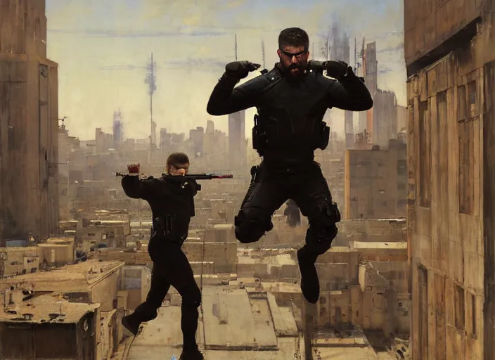 Image similar to Greg evades sgt Nash. Cyberpunk hacker escaping menacing police troopers (blade runner 2049). bearded face. rooftop free running. Iranian orientalist portrait by john william waterhouse and Edwin Longsden Long and Theodore Ralli and Nasreddine Dinet, oil on canvas. Cinematic, hyper realism, realistic proportions, dramatic lighting, high detail 4k