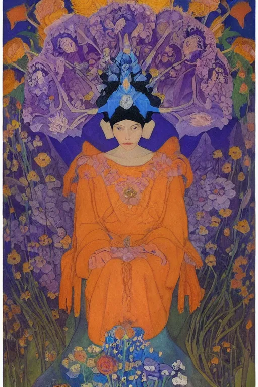 Image similar to queen of flowers, by Nicholas Roerich and Annie Swynnerton and Diego Rivera, dramatic cinematic lighting , ornate headdress , flowing robes, sacred artifacts, lost civilizations, smooth, sharp focus, extremely detailed