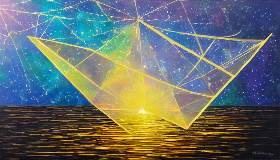 Prompt: hexagonal solar sail, floating in space blocking the sun, oil painting