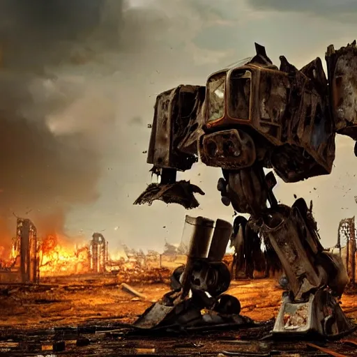 Prompt: A beautiful hyper realistic 3d render of a destroyed, charred and rusting mech resting against a burnt out building in a destroyed city with wreckage on the ground, it is raining, by pogrock/artist, f16, trending on artstation