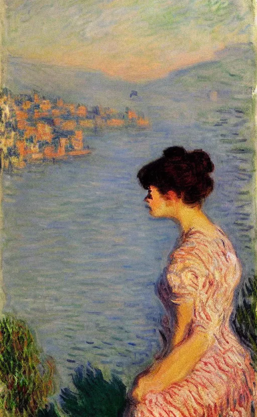 Image similar to portrait by claude monet!! of a lovely woman!! looking at us daydreaming! lake como in background!!!