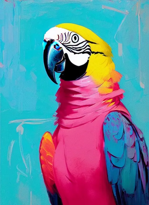 Image similar to portrait of a beautiful parrot, shades of pink and blue, beautiful face, rule of thirds, spotlight, by greg rutkowski, by jeremy mann, by francoise nielly, by van gogh, digital painting