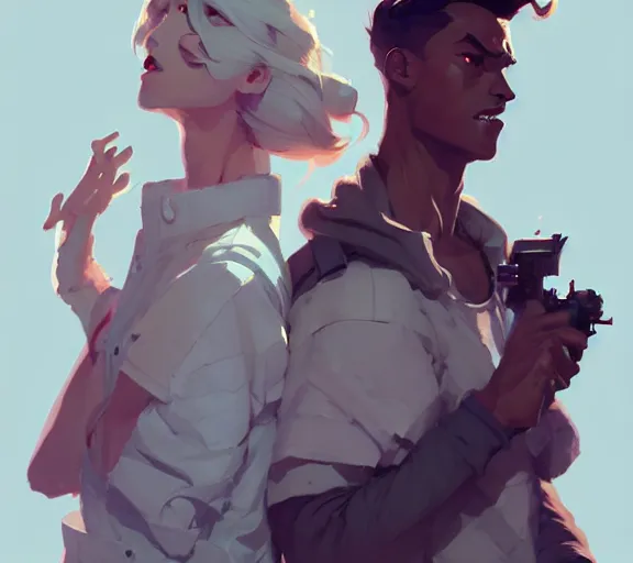 Prompt: portrait jayce and viktor by atey ghailan, by greg rutkowski, by greg tocchini, by james gilleard, by joe fenton, by kaethe butcher, by ashley wood, dynamic lighting, gradient light blue, brown, blonde cream and white color scheme, grunge aesthetic