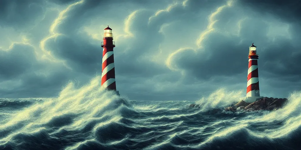 Prompt: lighthouse surrounded by turbulent waves on a stormy evening, detailed matte painting, low angle view, telephoto lens, bokeh, greg rutkowski, artstation