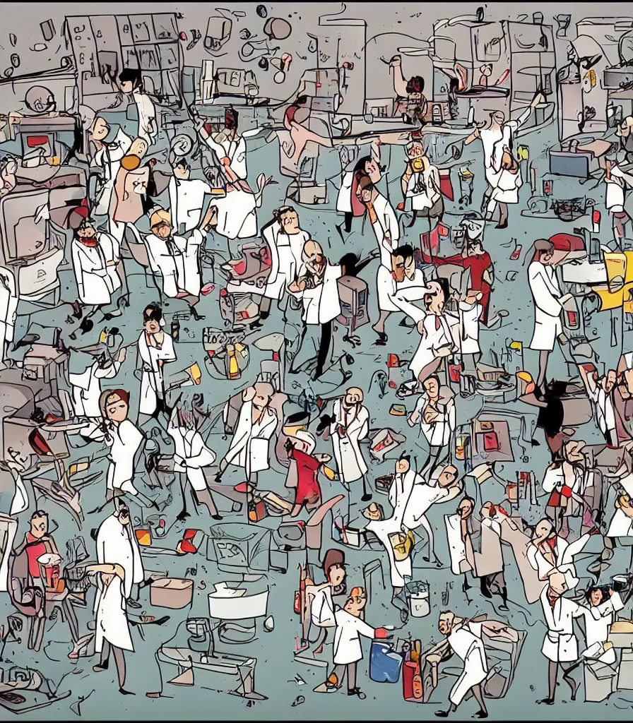 Image similar to a beautiful artwork of scientists throwing a party in a messy laboratory, comic, chaotic, funny drawing