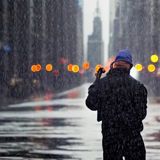 Prompt: closeup portrait of a man fishing in a rainy new york street, photography