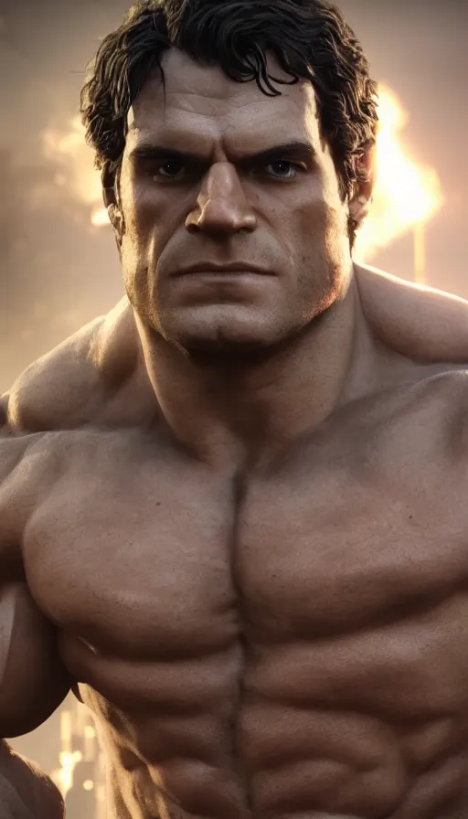 Image similar to :a portrait of HENRY CAVILL as Hulk+UNREAL ENGINE 5+4K UHD IMAGE+Stunning LIGHTING+Stunning SHADERS+SUBSTANCE PAINTER