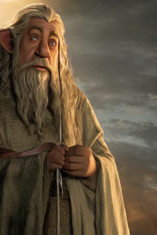 Image similar to film still of gandalf as shrek in lord of the rings movie, glamour pose, dramatic lighting, octane, volumetric lighting, 8 k