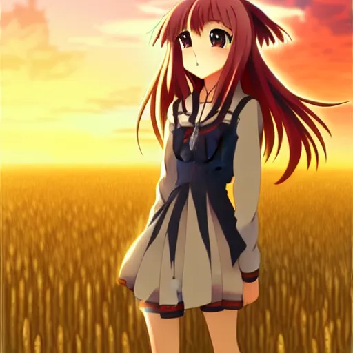 Image similar to anime illustration of Holo from Spice and Wolf standing in a wheat field at sunset, Holo is a wolf girl, high detail, trending on pixiv