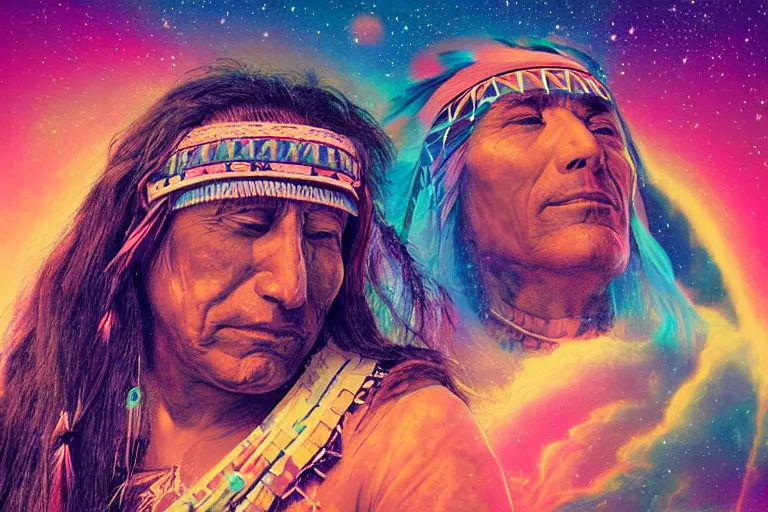 Image similar to photograph of a spiritual native american man looking up at the stars, art, universe, blender, pastel colors, synthwave, retro, cyberpunk,