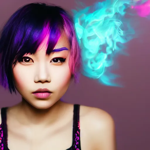 Prompt: beautiful asian girl with tattoo's and blue pink purple hair looking in the camera with misty and glowing background, new wave, portrait, 8 k, digital art
