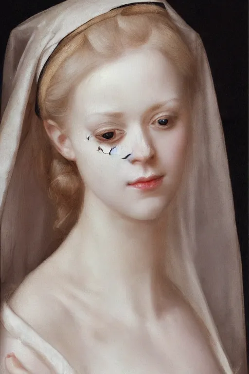 Prompt: hyperrealism close-up portrait of medieval beautiful young female with spider on her face, pale skin, wearing white silk, in style of classicism