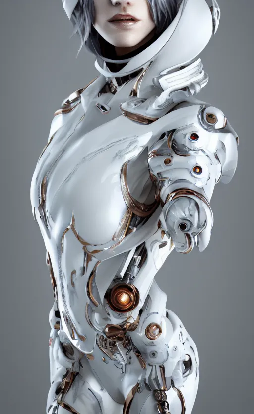 Image similar to white cyborg fashion shot, cyber copper spiral decorations, white elegant baroque design, headshot half figure, photorealistic, 8k, hyper detailed, unreal engine, trending on artstation,