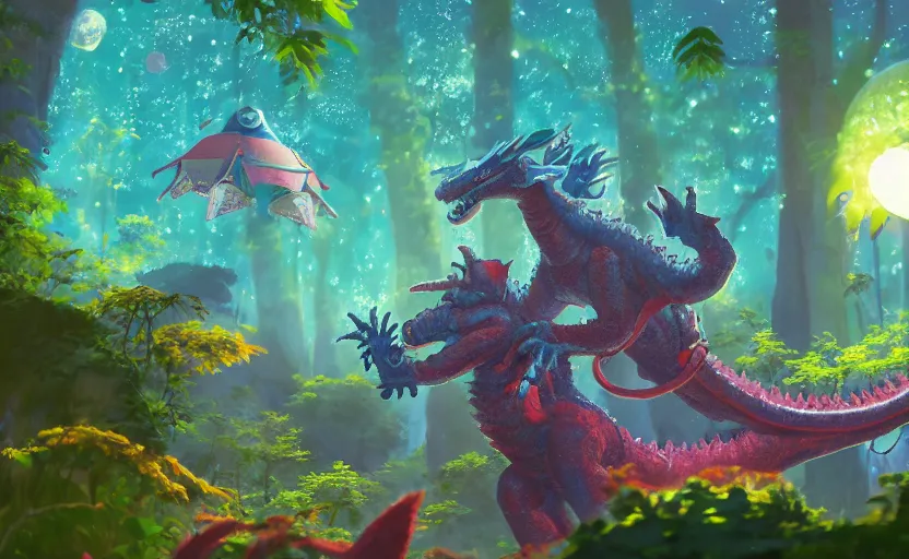 Image similar to a still of a cute adorable tiny astronaut, on a planet of lush colorful foliage, with an enormous kaiju dragon surrounding the full background, magical forest, sharp focus, neon backlit, highly detailed, disney pixar studio ghibli makoto shinkai, digital painting, matte, octane render, global illumination, iridescent, anime, 8 k concept art