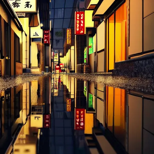 Prompt: still photo of rain puddles and reflections in a japanese street, cloudy weather, highly detailed, photorealistic shot, bright studio setting, studio lighting, crisp quality and light reflections, unreal engine 5 quality render