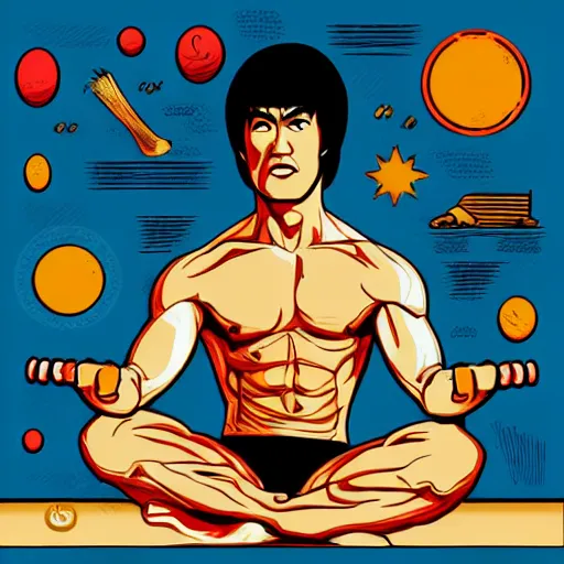 Image similar to bruce lee in lotus position on beach, muscles, beautiful, sticker, colorful, illustration, highly detailed, simple, smooth and clean vector curves, no jagged lines, vector art, smooth