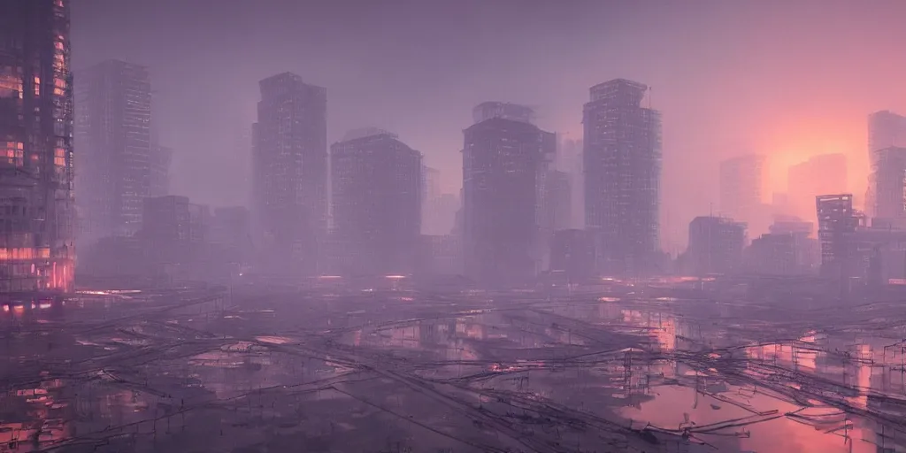 Image similar to soviet brutalims japan city view by eddie mendoza and greg rutkowsi, orange glow, puddles of water, sunset, trees, foggy, dark, moody, volumetric lighting, dirty