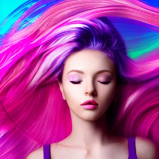 Image similar to a award winning head and torso portrait of a beautiful woman in a croptop with a ombre purple pink teal hairstyle with head in motion and hair flying, outrun, vaporware, vivid colors, highly detailed, fine detail, intricate