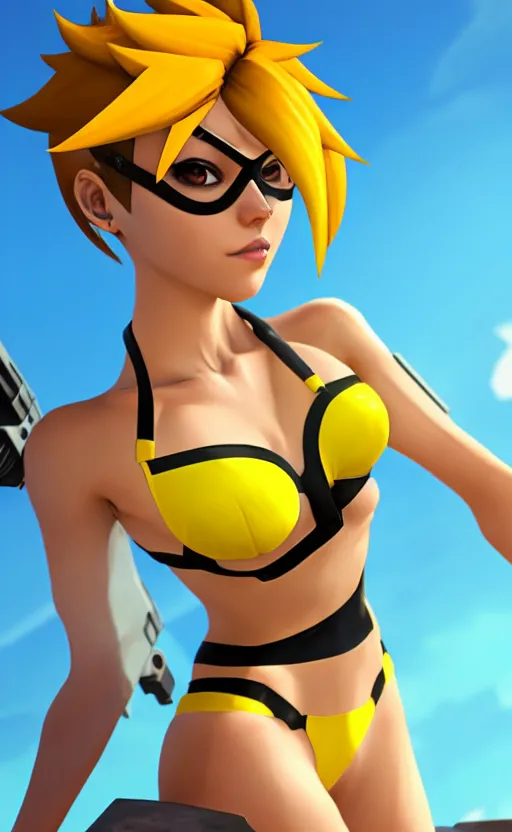 Image similar to tracer game character, in yellow bikini, blonde hair, black eyes, full height