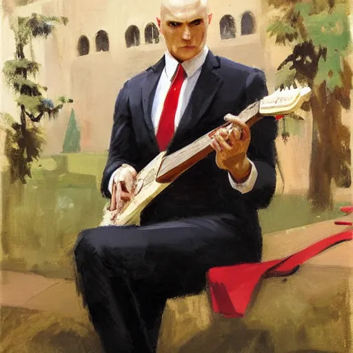 Prompt: a portrait of agent 4 7 from hitman wearing a red tie playing a guitar in a monestary garden by gregory manchess, james gurney, james jean