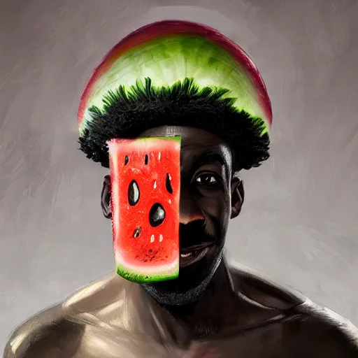 Image similar to front portrait of a goofy looking neutral emotion black guy with a watermelon fruit helmet that covers only the top of his head by greg rutkowski