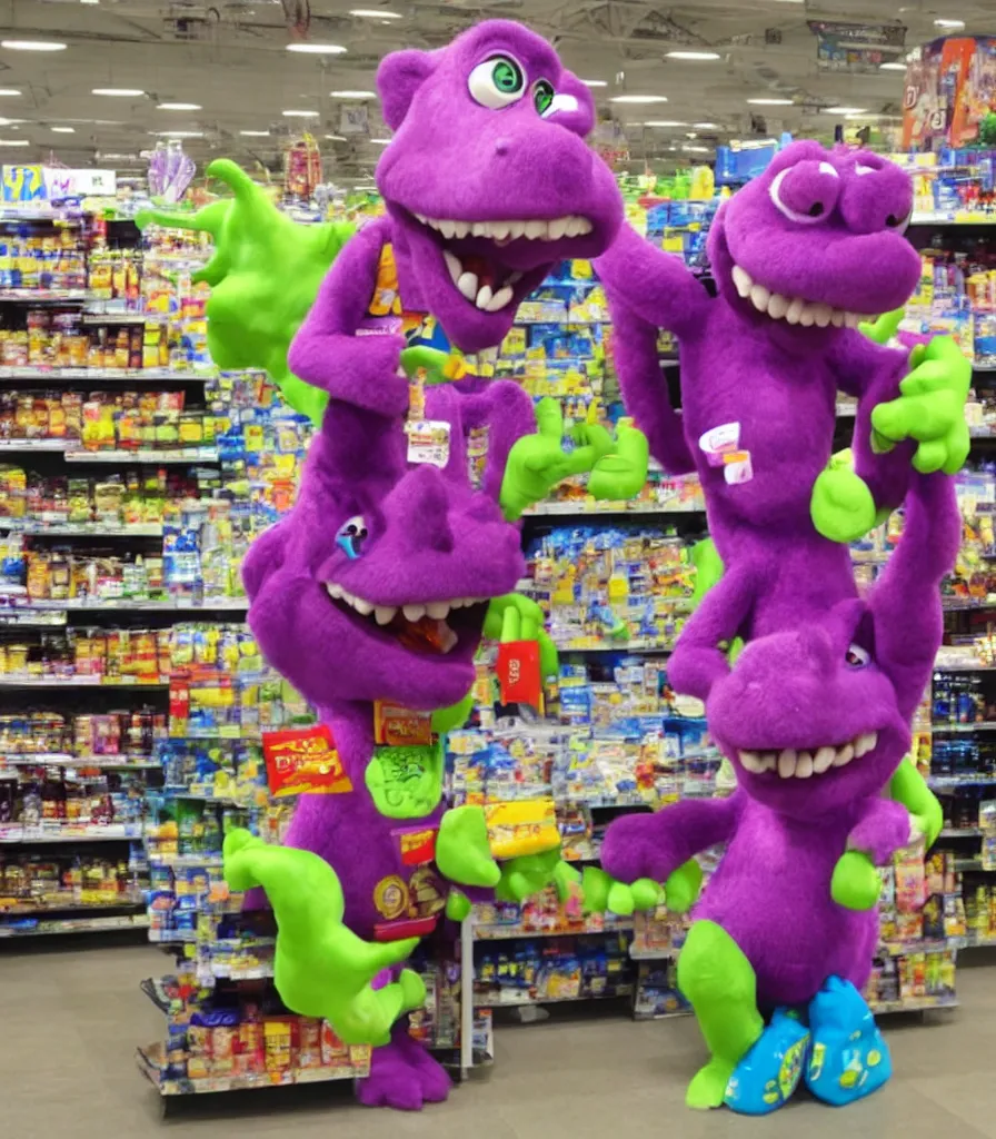 Image similar to barney the dinosaur takes over tesco