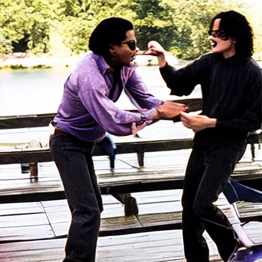 Prompt: Michael Jackson pushing Stephen Hawking off a dock