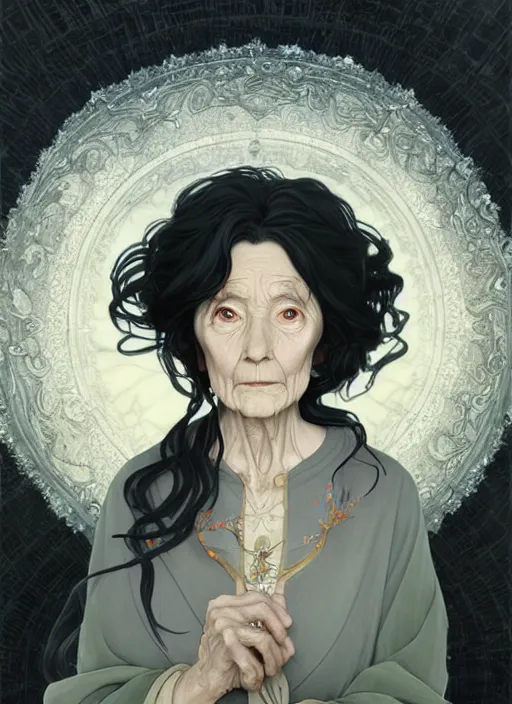 Image similar to wizened old witch with curly shiny shimmering black hair, path traced, highly detailed, high quality, digital painting, by studio ghibli and alphonse mucha, leesha hannigan, hidari, disney