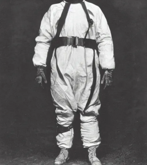 Prompt: man in a anti-radiation hazmat suit, ww1 film photo, grainy, high detail, high resolution
