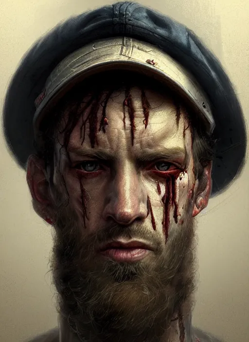 Prompt: portrait of a rugged man wearing a sailors cap, scarred face, victorian, concept art, detailed face, fantasy, close up face, highly detailed, cinematic lighting, digital art painting by greg rutkowski