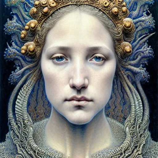 Image similar to detailed realistic beautiful young medieval queen face portrait by jean delville, gustave dore, iris van herpen and marco mazzoni, art forms of nature by ernst haeckel, art nouveau, symbolist, visionary, gothic, neo - gothic, pre - raphaelite, fractal lace, intricate alien botanicals, ai biodiversity, surreality, hyperdetailed ultrasharp octane render