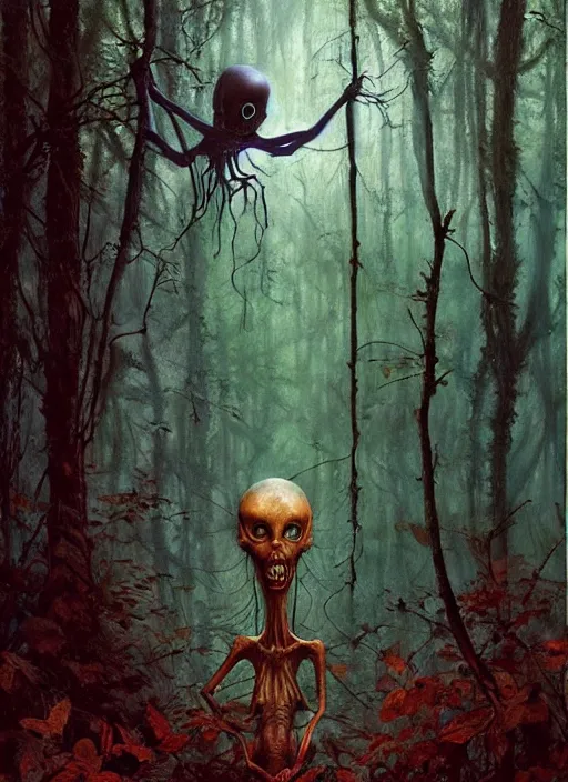 Image similar to hyper realistic spooky alien in the woods in a river gorgeous lighting, lush forest foliage blue sky a hyper realistic painting by chiara bautista and beksinski and norman rockwell and greg rutkowski, tom bagshaw weta studio, and lucasfilm