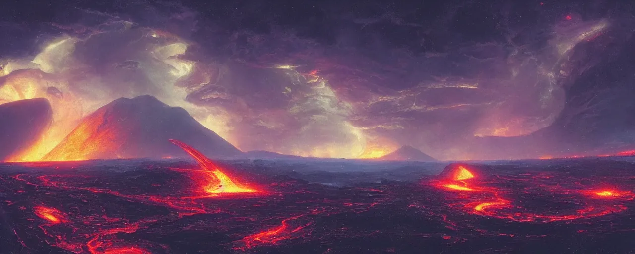 Prompt: ” outer planet with flowing rivers of magma, storm clouds and erupting volcanoes, [ art by paul lehr, cinematic, detailed, epic, widescreen, opening, establishing, mattepainting, photorealistic, realistic textures, octane render ] ”