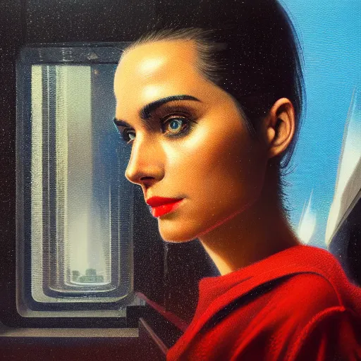 Image similar to detailed face of a woman, clockwork, moment, tectonic sky, skydome, bullet train, turbines, utopian, tech noir, wet reflections, prism, atmospheric, ambient, pj crook, syd mead, livia prima, artgerm, greg rutkowski, nick alm, casey baugh