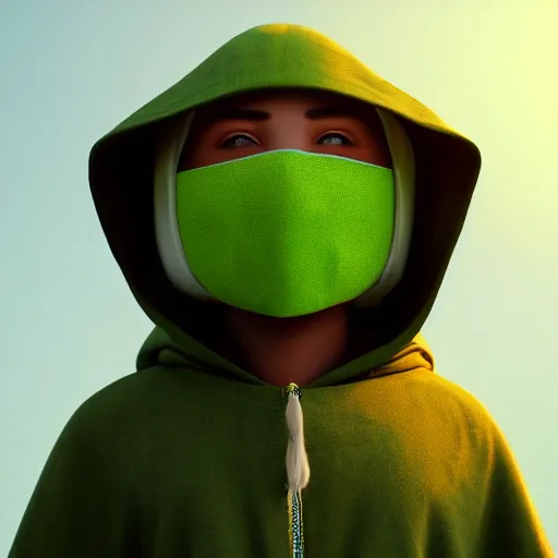 Image similar to a highly detailed, portrait of a character in a lime-colored hood with a round white mask with a smile, DeviantArt, professional, octane render, sunset lighting