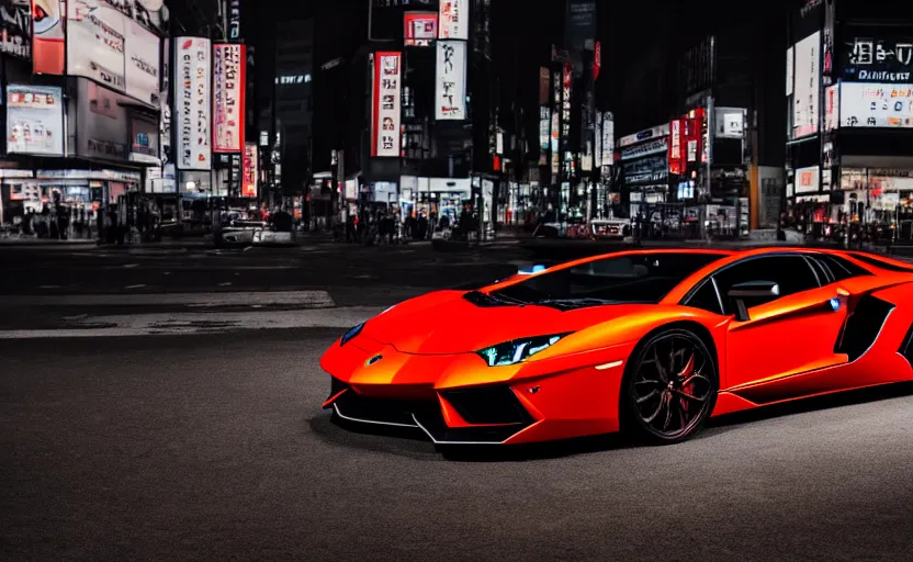Prompt: wideshot of a Lamborghini Aventador in tokyo at night, highly detailed, 4k photo, shot with sony alpha