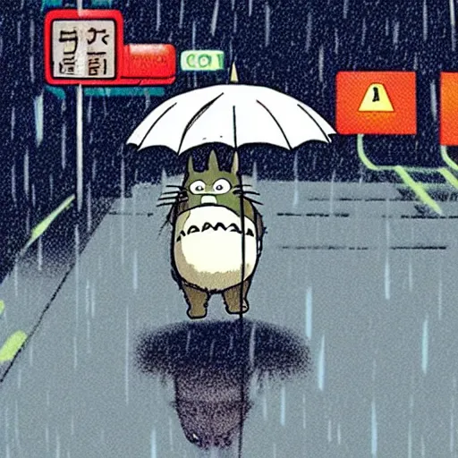 Image similar to Totoro is hailing a cab in the rain